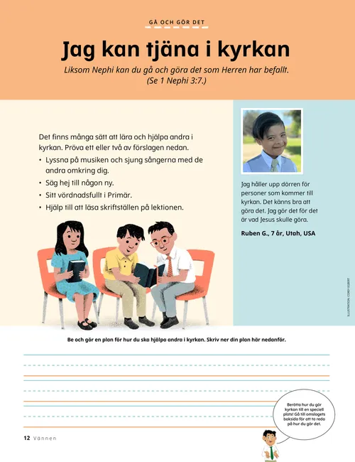 Pdf-sida med barn som läser skrifterna i Primär, plus rader för en skrivaktivitet.