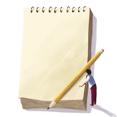 girl with oversize notebook and pencil