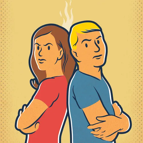 angry man and woman standing back to back