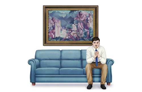 man sitting in chapel foyer