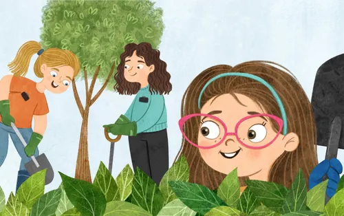 Girl and sister missionaries holding shovels