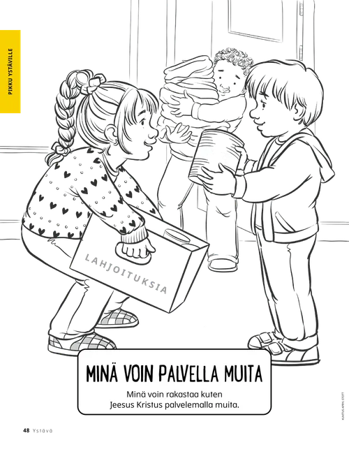 Värityskuva lapsista, jotka kantavat lahjoituksia