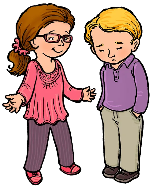 Two children, a boy and a girl, 8-10 years old are standing near each other. The young girl is trying to befriend the boy however he appears to look lonely.