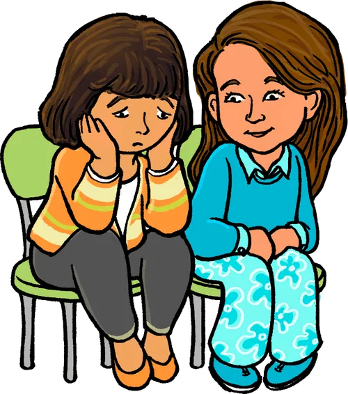 Two children, girls, 8-10 years old. One is sitting holding her head in her hands. She does not need to be crying. The other girl is trying to comfort her.