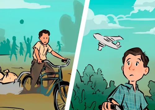 young Dieter delivering packages and watching planes in sky