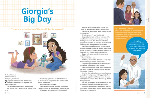 Story with illustrations of girls playing together and a girl getting baptized