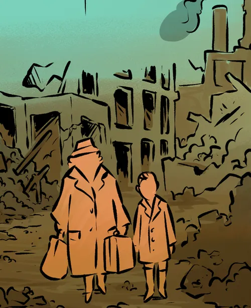 a family leaving a bombed city