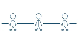 Line art image of three stick figure people with a horizontal line passing through them.