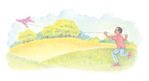 A watercolor illustration of a boy in a red shirt and sneakers running across a field while flying a butterfly kite.