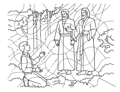 A black-and-white coloring page of Joseph Smith kneeling in the Sacred Grove and Heavenly Father and Jesus Christ appearing to him.