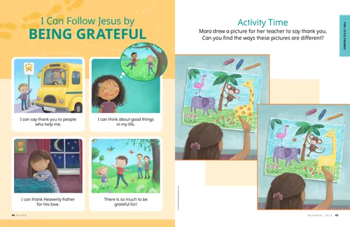 Page PDF of a child waving to a bus driver, a girl thinking about her friends, a girl praying, and children in nature; plus a find-the-differences activity 