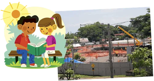 Photo of temple construction site and illustration of children reading together