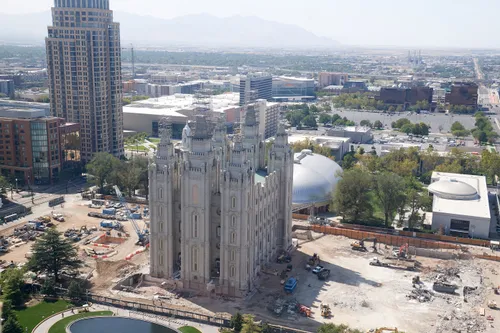 Construction on the Salt Lake Temple during August, 2020. These are the exterior walls. 