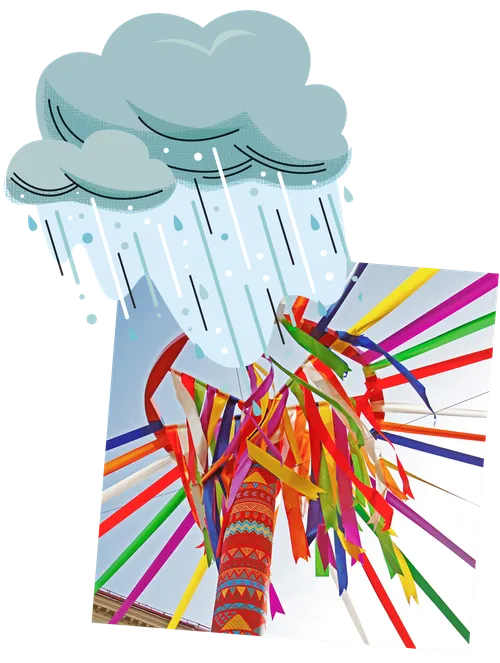 Photo of pole decorated with colorful ribbons and illustration of rain cloud