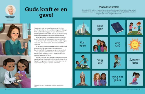 Illustrasjoner av Emma Smith som holder en kopp, en gutt og en pike som tar del i nadverden, og en musikklek