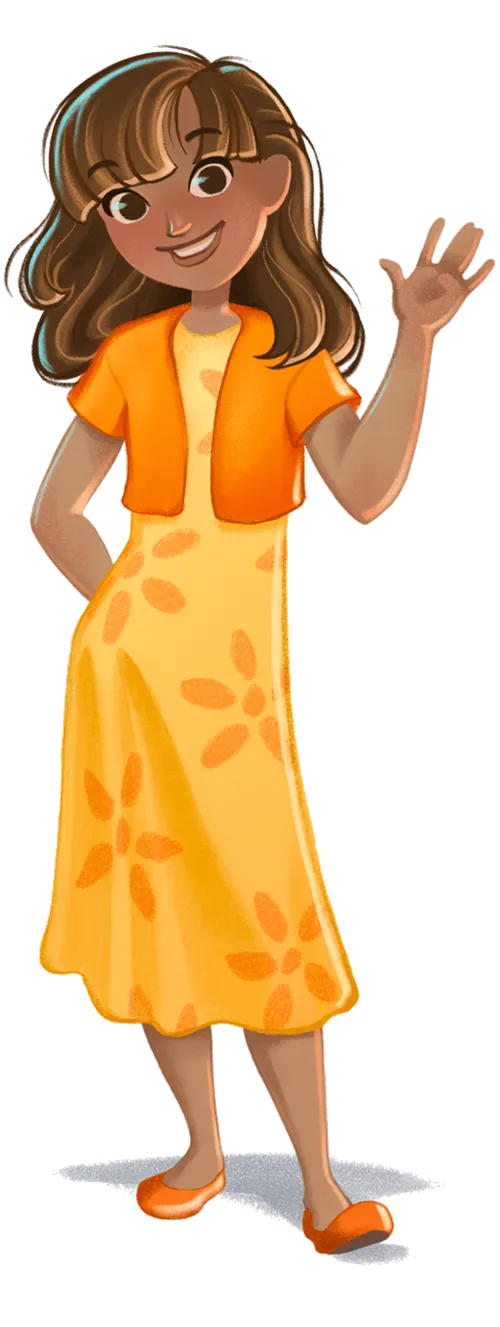 girl in dress, waving