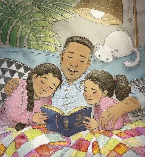 father reading scripture to children
