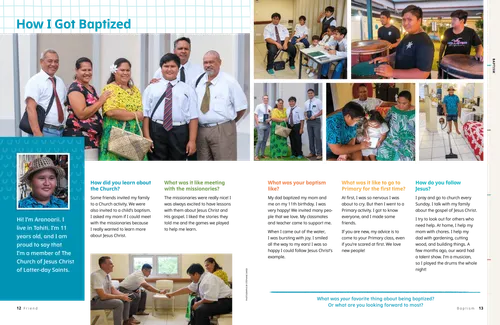 Article PDF with images of a boy and his family with missionaries and at church