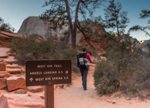 Hiker passes trail sign