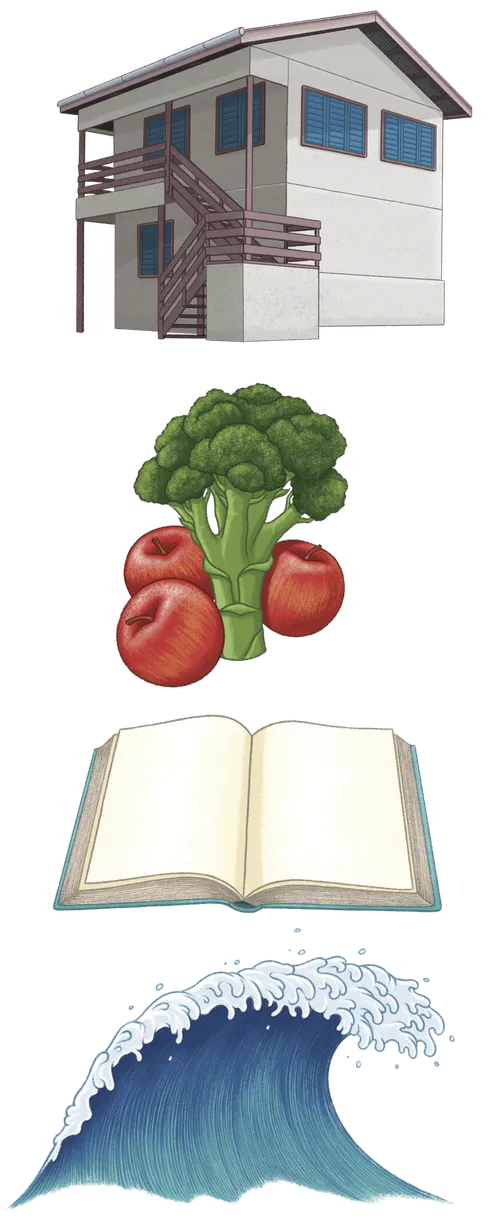 A house on stilts, broccoli and apples, an open book, and an ocean wave