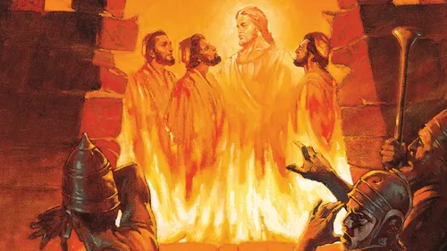 Shadrach, Meshach, Abed-nego, and a fourth figure in a furnace