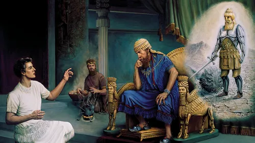 Nebuchadnezzar listening intently to Daniel