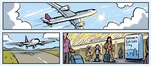 Illustrations of plane flying, plane landing, and boy and mom walking through the airport