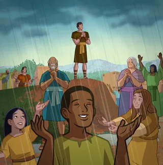 Nephi prays, it is raining, and the Nephites smile and thank God