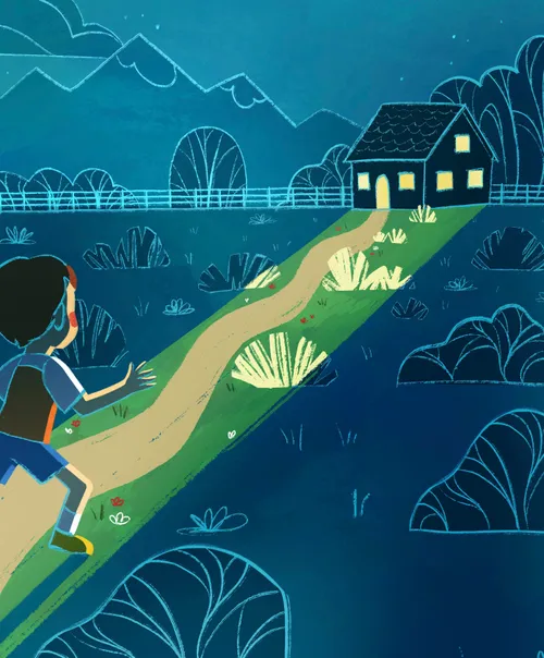 Boy walking toward home with illuminated windows in the dark