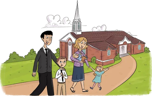 family walking to church building together