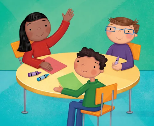 Børn, der sidder sammen ved et bord med krea-ting