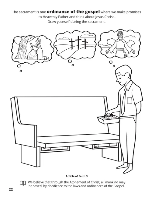A line image of a boy passing the Sacrament to a bench with thought bubbles of the Atonement, crucifixion, and resurrection of Jesus Christ.