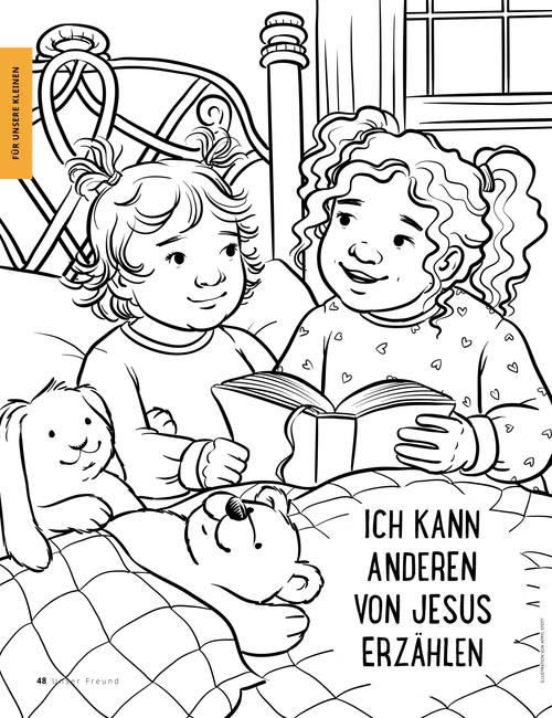 PDF: Ausmalbild mit einem Mädchen, das einem jüngeren Mädchen im Bett aus den heiligen Schriften vorliest