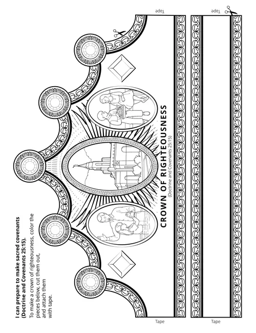 Line art illustration of crown with three ovals depicting baptism, temple, sacrament.