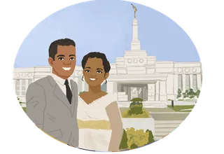 A bride a groom in front of a temple