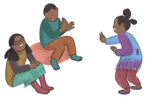 Three children playing charades.