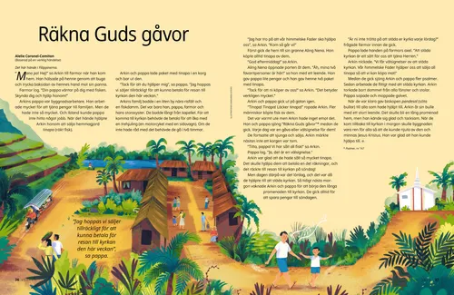 Pdf med illustration av en man och en pojke som går genom en by i Filippinerna på väg till en kyrkobyggnad.