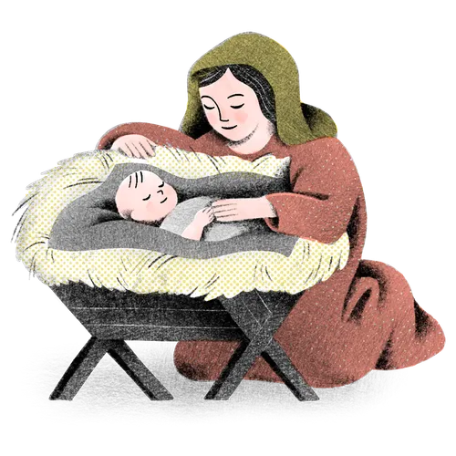 baby Jesus, in a manger, with Mary