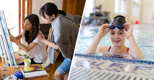 young women painting and young woman swimming