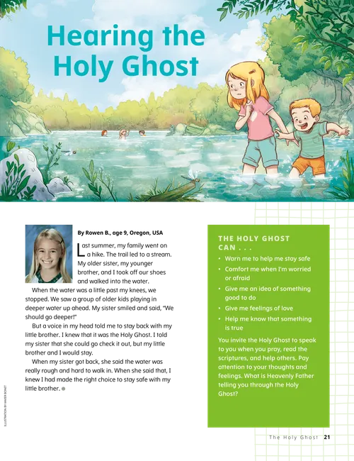 Article with illustration of two children walking through a creek