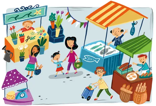 girl at market with mom