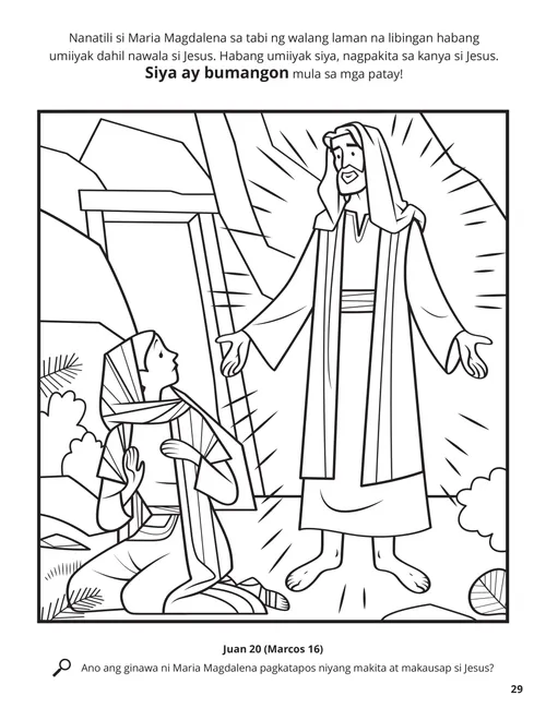 PDF ng pahinang kukulayan ng nabuhay na mag-uling si Jesucristo na nagpakita kay Maria sa labas ng libingang walang laman