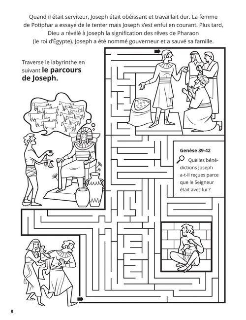 Page de coloriage au format PDF :  scènes de la vie de Joseph en Égypte et une activité de labyrinthe