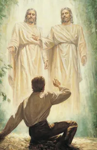 The Prophet Joseph Smith, Jr. in the Sacred Grove (in Manchester, New York) when he received the First Vision. Joseph is depicted kneeling before God the Father and Jesus Christ. Both God the Father and Christ are portrayed wearing white robes. The Father is presenting Christ to Joseph. There are trees in the background. (Joseph Smith - History 1:15-20)