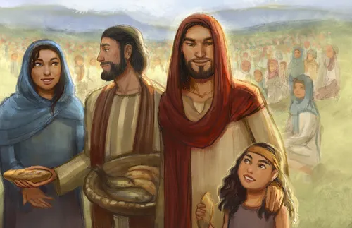 Jesus with disciple holding basket of bread