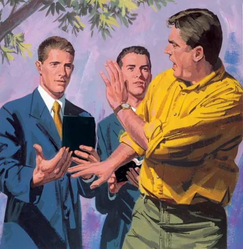 man walking away from missionaries