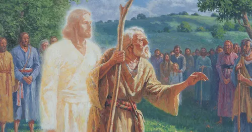 Painting depicts Adam blessing his posterity with a pre-mortal Christ by his side while standing on Adam-Ondi-Ahman.