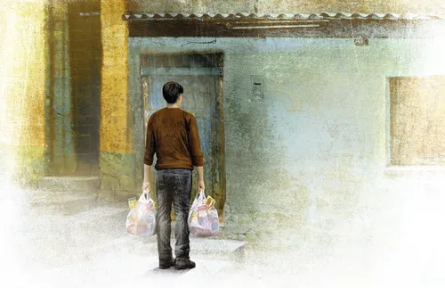 man holding bags of food