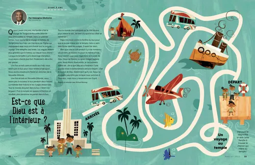 Page au format PDF d’un labyrinthe avec des illustrations d’une famille se rendant au temple avec différents moyens de transport