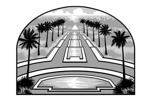 Laie Hawaii Temple grounds with pools and palm trees